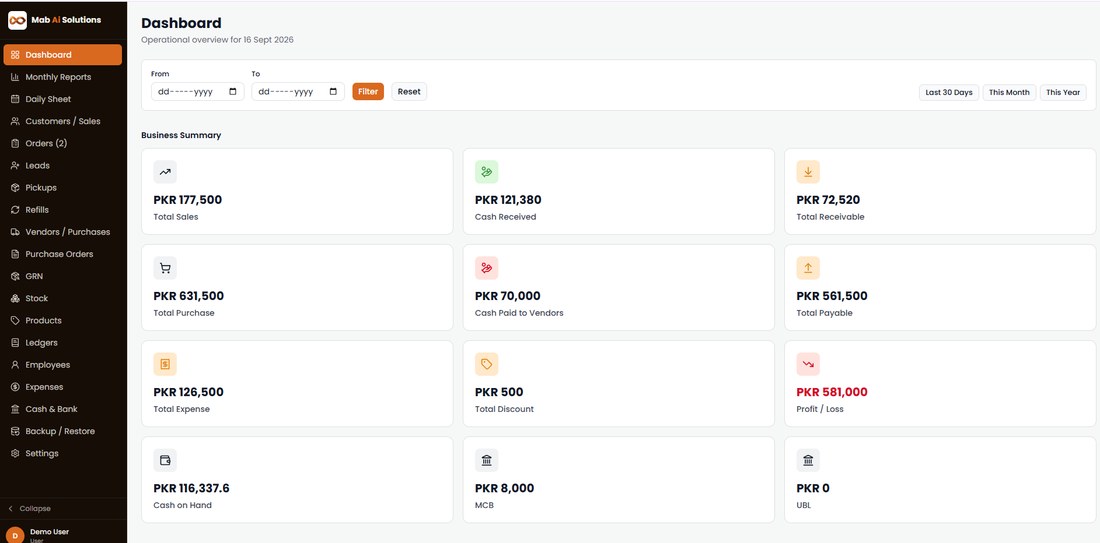 Business Management System dashboard