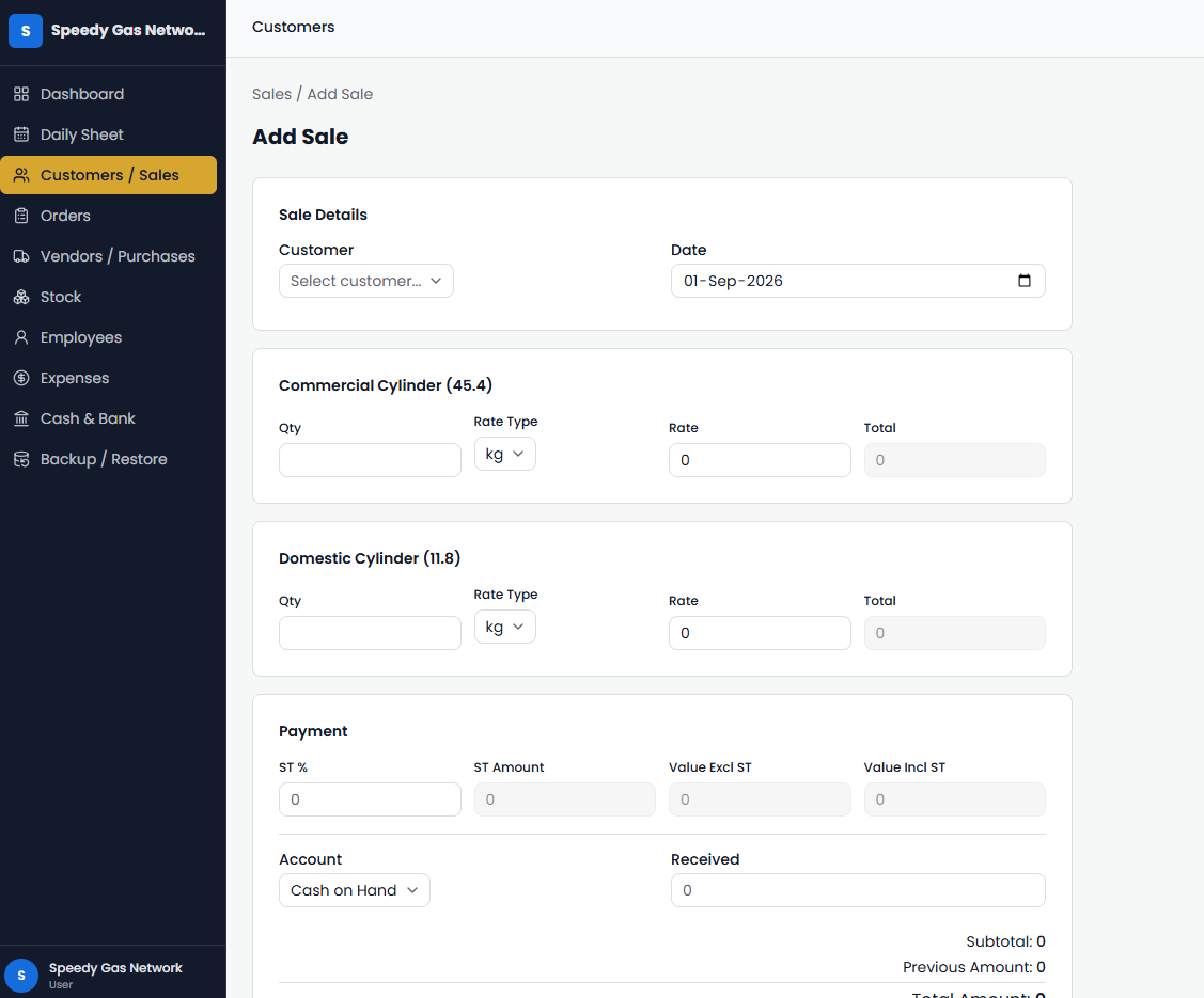 Add Sale form with cylinder pricing