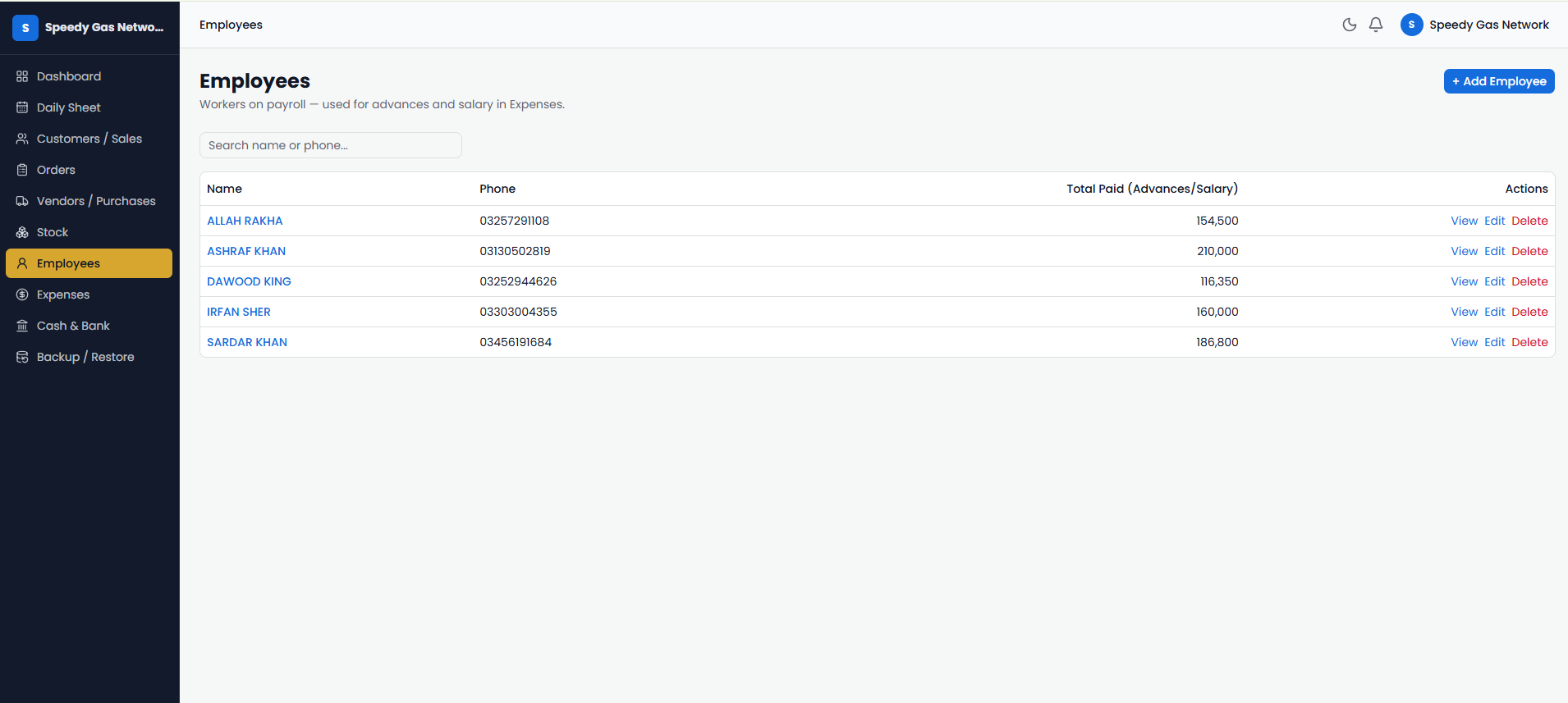 Employees and payroll screen